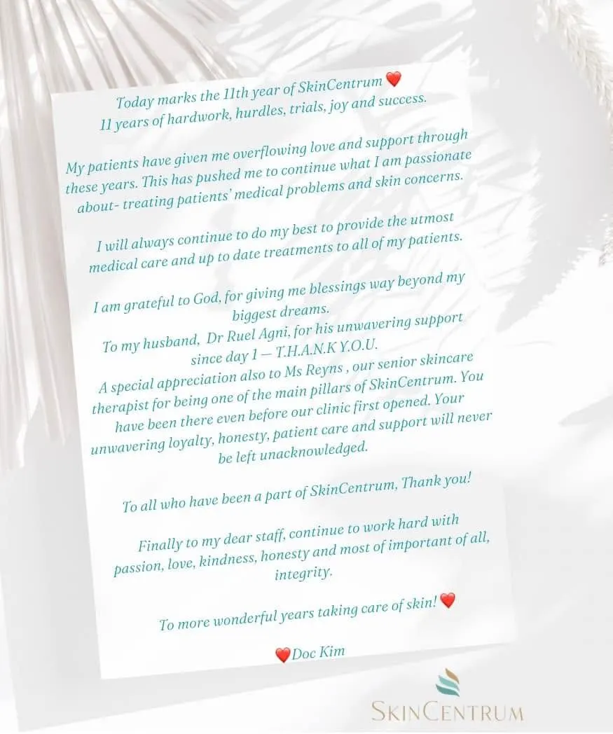 A thank-you letter from the doctor to SkinCentrum’s patients and staff